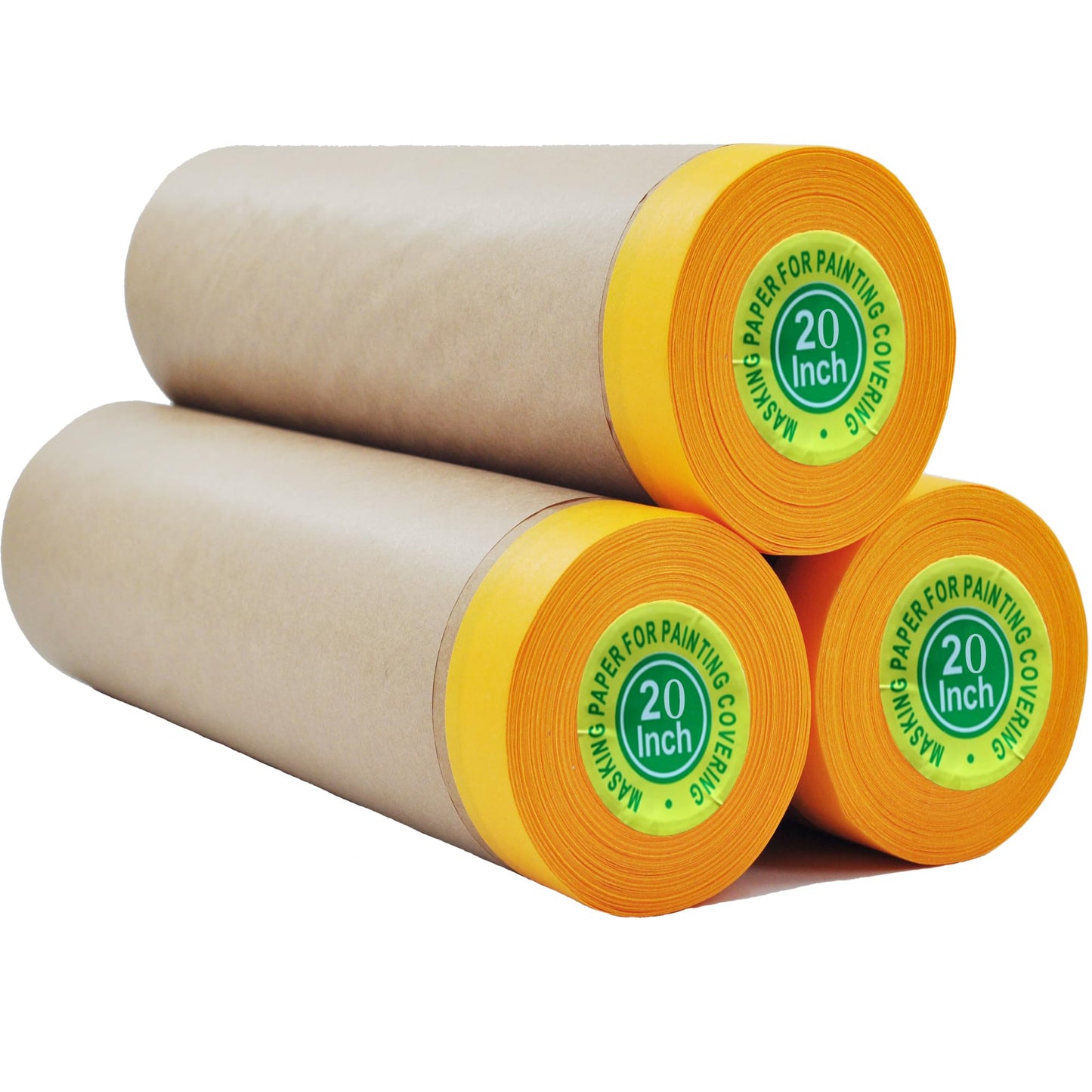 Pre-Taped Masking Paper for Painting - 20 inch x 50 feet Tape and Drape Painters Paper, Paint Adhesive Protective Paper Roll for Covering Skirting, Frames, Cars and Auto Body (3 Roll)