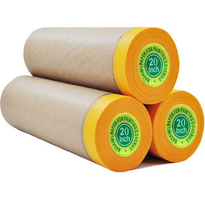 Pre-Taped Masking Paper for Painting - 20 inch x 50 feet Tape and Drape Painters Paper, Paint Adhesive Protective Paper Roll for Covering Skirting, Frames, Cars and Auto Body (3 Roll)