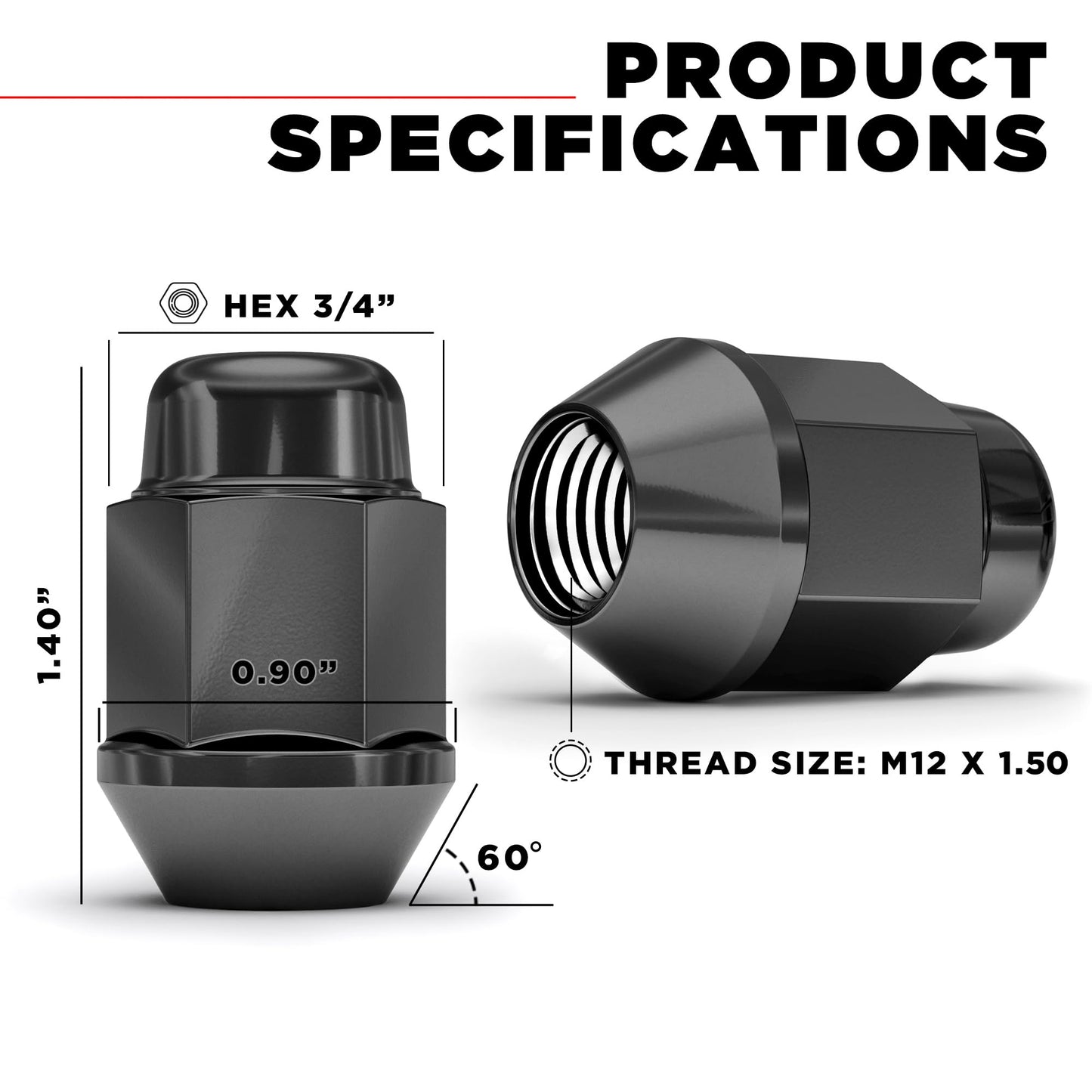 White Knight 1707SBK-20AM 12mm x 1.50 Thread Size Black Chrome Bulge Acorn Lug Nut, 20-Pack