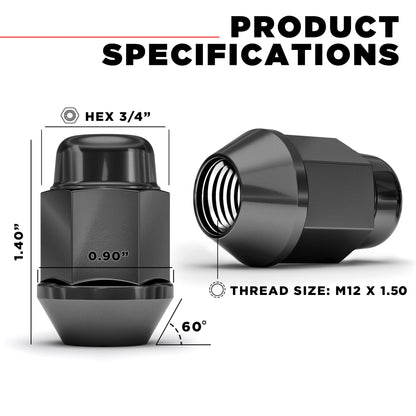 White Knight 1707SBK-20AM 12mm x 1.50 Thread Size Black Chrome Bulge Acorn Lug Nut, 20-Pack