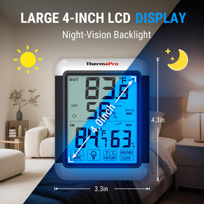 ThermoPro TP65B Digital Hygrometer Indoor Outdoor Thermometer Wireless Temperature and Humidity Monitor with Jumbo Touchscreen and Backlight Humidity Gauge, 500ft/150m Range