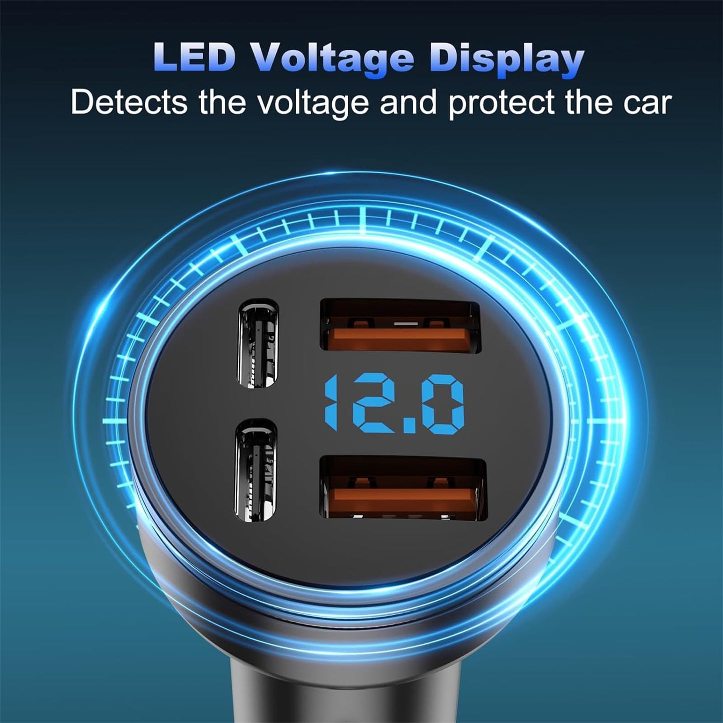 126W USB C Car Charger, 4-Port 2 USB PD 3.0 + 2 USB QC 3.0 Car Charger, Metal USB Cigarette Lighter USB C Adapter with LED Voltmeter DC12-24V for Android, Tablet and All Smartphones(Black)