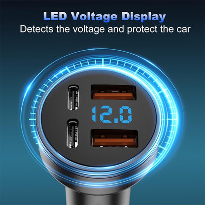 126W USB C Car Charger, 4-Port 2 USB PD 3.0 + 2 USB QC 3.0 Car Charger, Metal USB Cigarette Lighter USB C Adapter with LED Voltmeter DC12-24V for Android, Tablet and All Smartphones(Black)