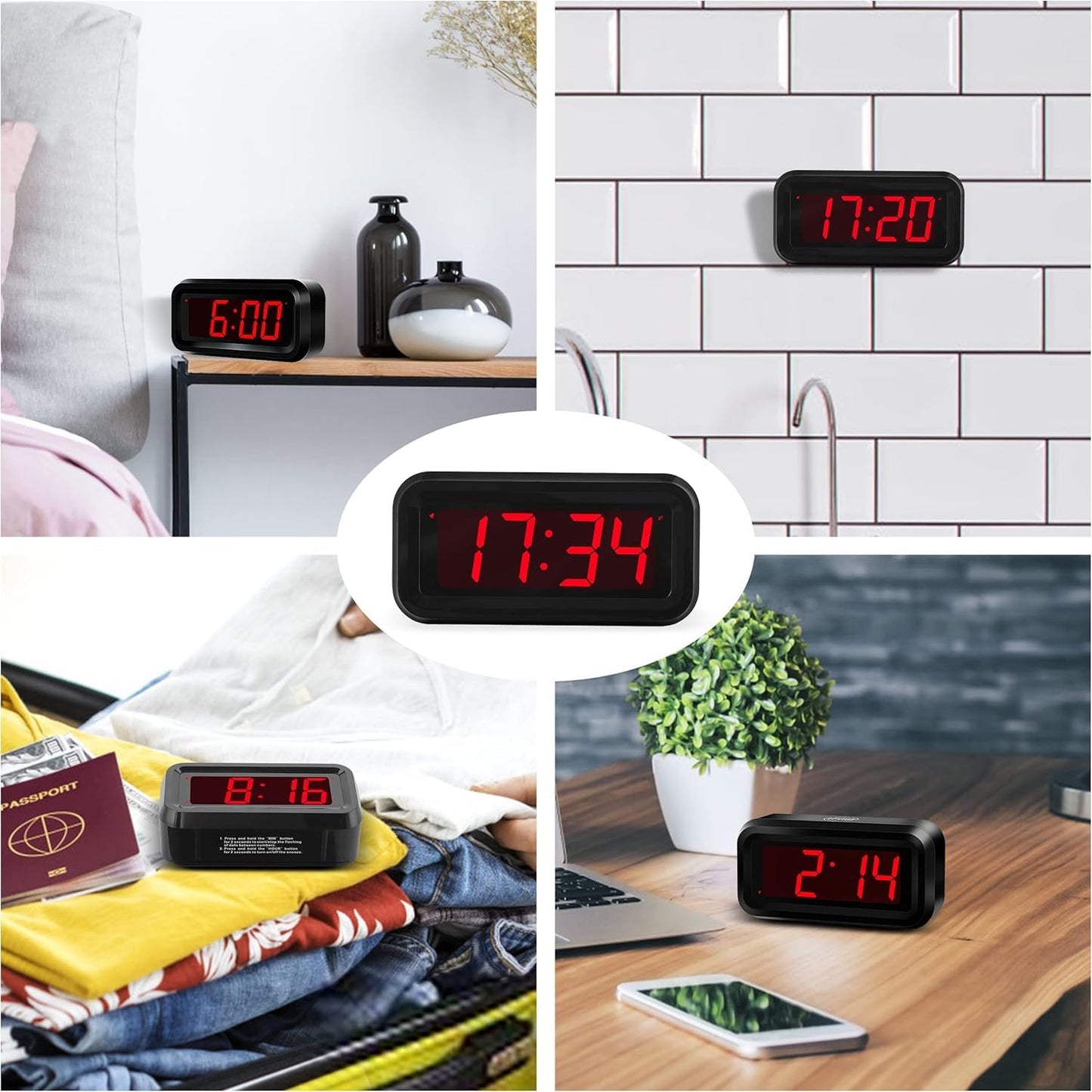 Alarm Clock, Digital Clock, Small Wall Clock, Battery Operated, Adjustable 3-Level Led Brightness, Dim Night Model, 12/24Hr, Cordless, Constantly 1.2'' Digits Display for Bedroom/Travel