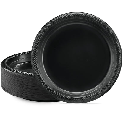 PLASTICPRO 100 PCS Black Plastic Plates Light Weight 9 Inch Plastic Dinner Plates Black Plates Disposable for Party and Wedding