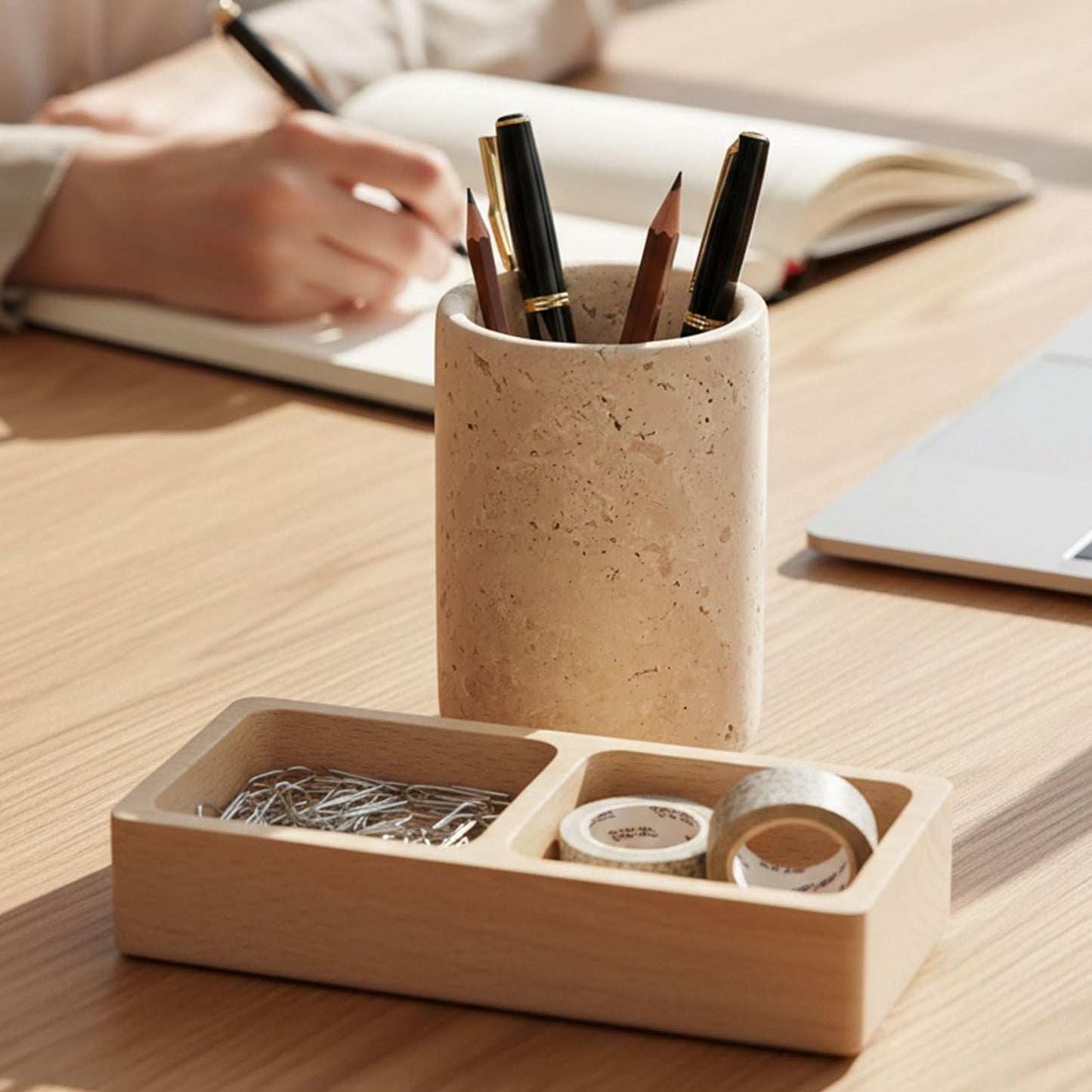 Radicaln Marble Pen Holder 4" Travertine Handmade Desk Organizer, Pencil & Pen Stand for Office, Home, Makeup Accessories, Premium Marble Stationery Holder