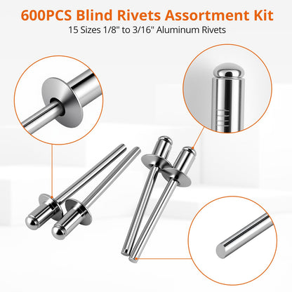PROSTER 600Pcs Aluminum Blind Rivets Kit, 15 Common Sizes with Storage Case, Silver, for Auto Repair, Metalworking, DIY Projects