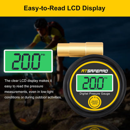 ATsafepro Digital Bike Tire Pressure Gauge - 200 PSI/13.6Bar, Presta Tire Pressure Gauge for Bike,Accurate Tire Pressure Gauge for Mountain & Road Bikes, Easy-to-Read LCD Display
