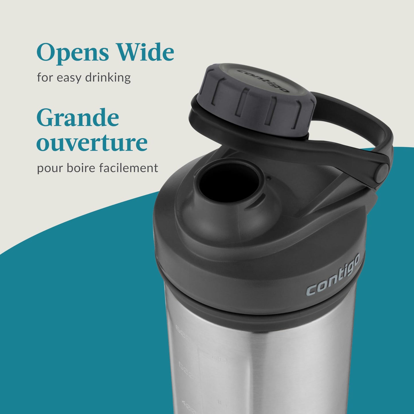 Contigo Fit Shake & Go 2.0 Stainless Steel Protein Shaker Bottle with Leak-Proof Screw Lid, Vacuum-Insulated Mixer Bottle with Whisk and Carry Handle, Grey, 24 oz (709 mL)