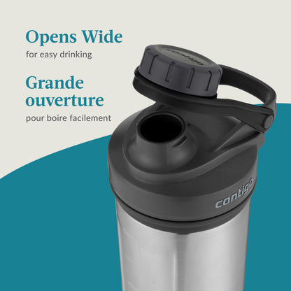 Contigo Fit Shake & Go 2.0 Stainless Steel Protein Shaker Bottle with Leak-Proof Screw Lid, Vacuum-Insulated Mixer Bottle with Whisk and Carry Handle, Grey, 24 oz (709 mL)