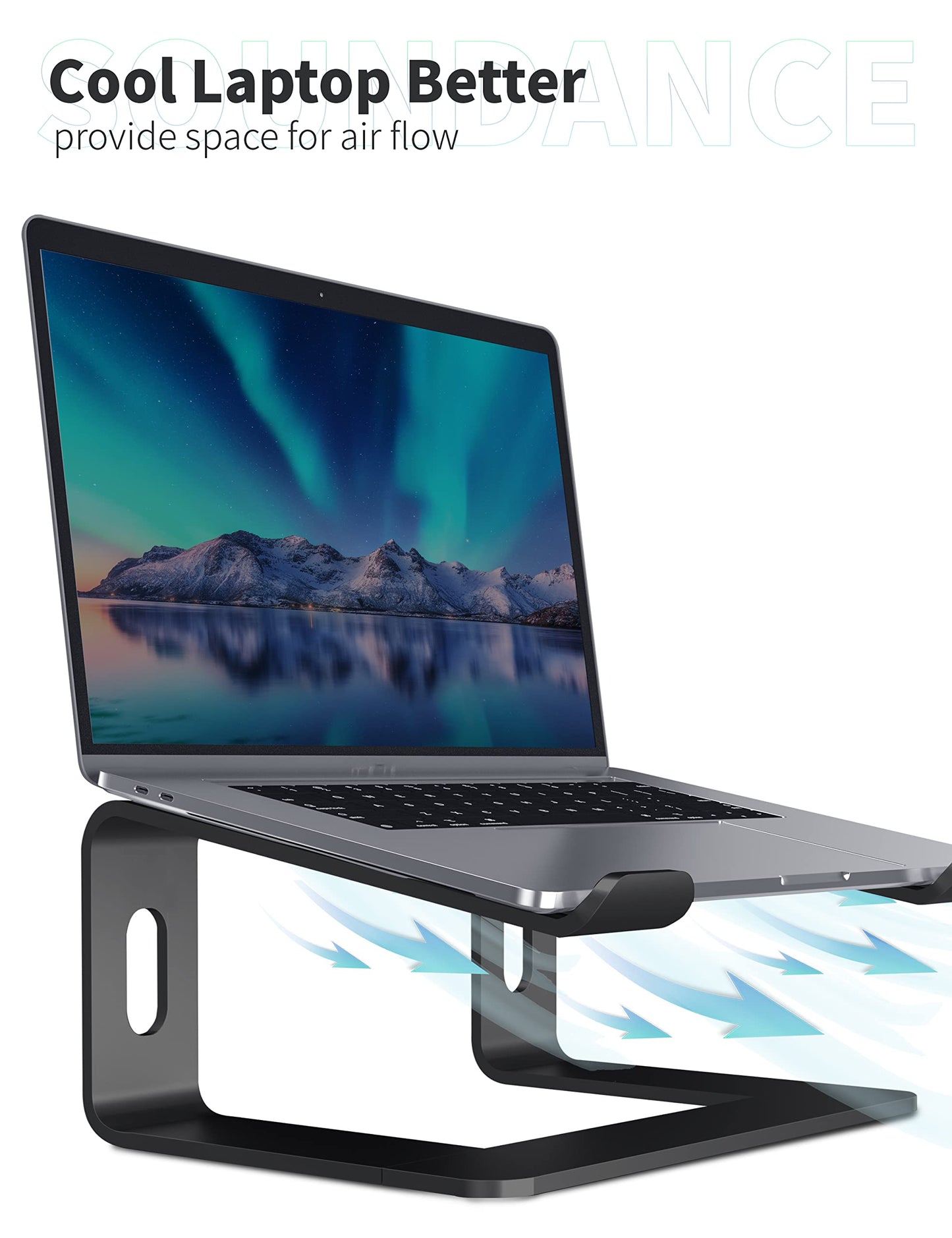 SOUNDANCE Laptop Stand, Aluminum Computer Riser, Ergonomic Laptops Elevator for Desk, Metal Holder Compatible with 10 to 15.6 Inches Notebook Computer, Black