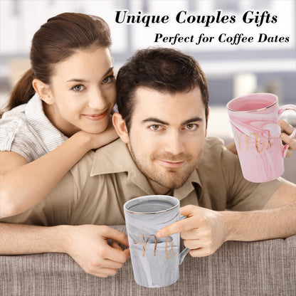 YOETTE Mr and Mrs Coffee Mugs Set 14oz Wedding Gifts for Couples 2026 Bridal Shower Anniversary Engagement Valentines Present for Newlyweds Bride Groom Grey & Pink Cup