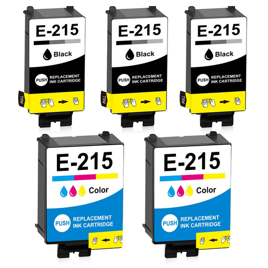 T215 215 Ink Cartridges Combo Pack Remanufactured Replacement for WF-100 WF-110 WF100 WF110 Printers (3 Black, 2 Tri-Color)