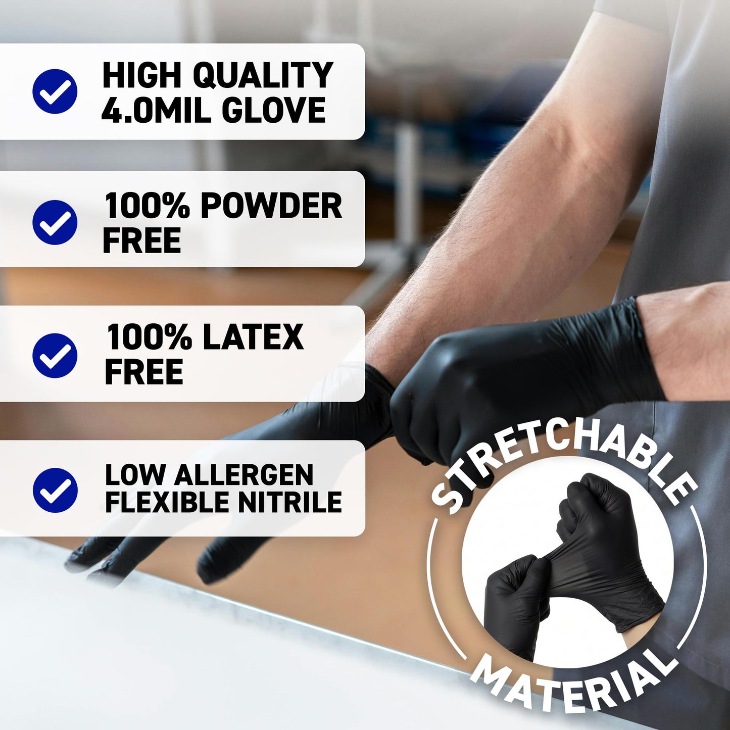 72HRS Black Nitrile Gloves - Disposable Gloves-4 Mil, Gant Noir, Gants Jetables, Black Gloves for Cooking & Cleaning