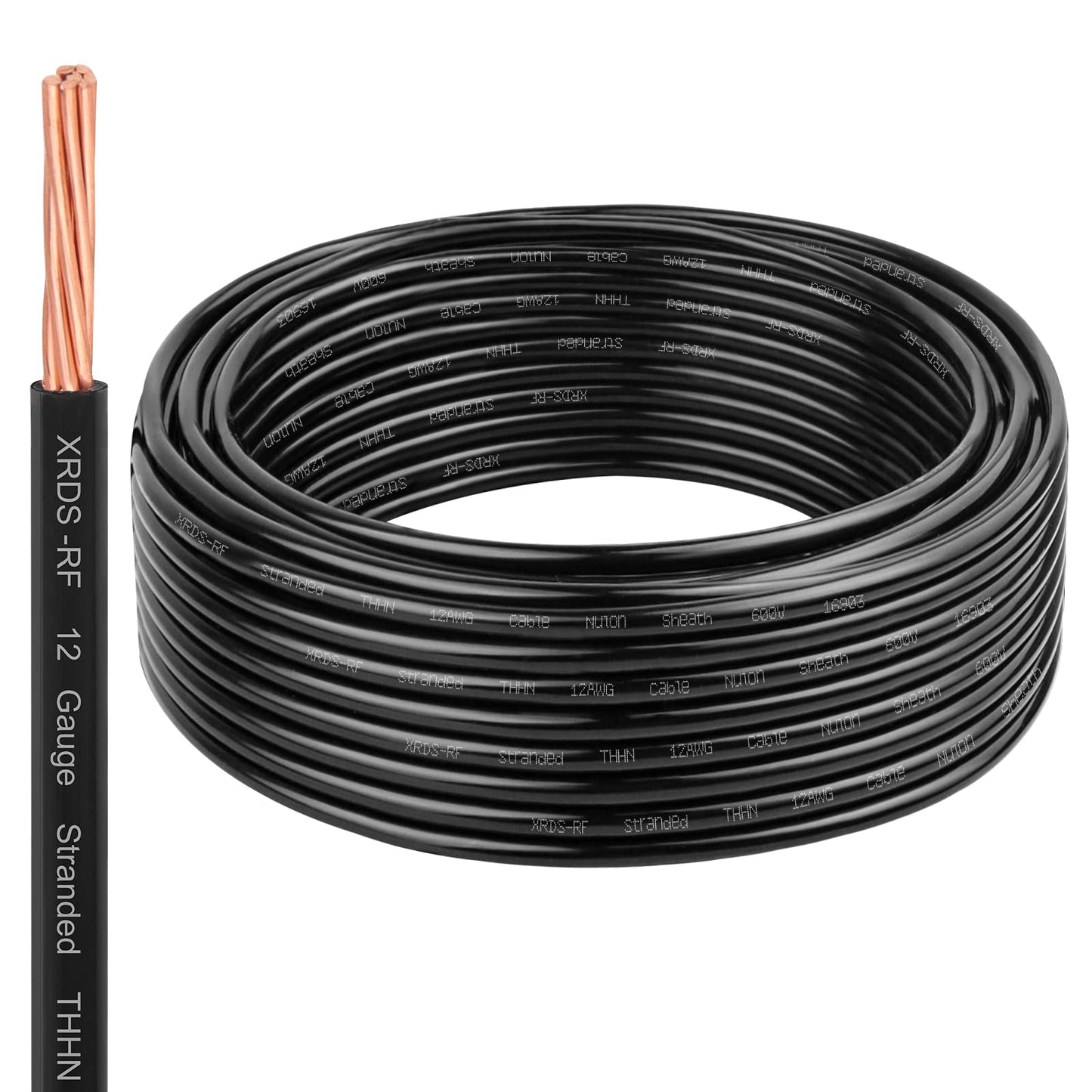 XRDS-RF THHN Wire 25FT, 12AWG Stranded Copper THHN Electrical Wire, Black Nylon-Coated Thermoplastic Insulated Cable for Indoor Conduit Wiring, 600V Rated