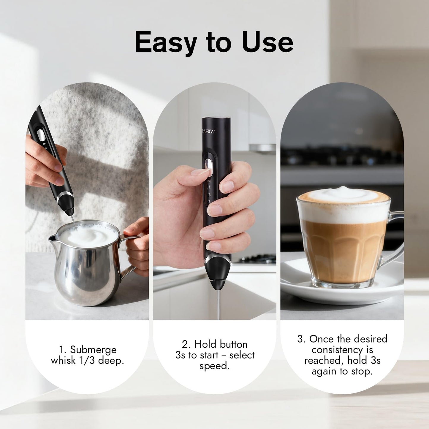 RAFOW Handheld Electric Milk Frother: 3 Speeds & Detachable Double Whisk Drink Mixer, Rechargeable Frother Wand with Stand, Coffee Froth Stirrer for Latte, Cappuccino, Cream, Matcha, Dalgona