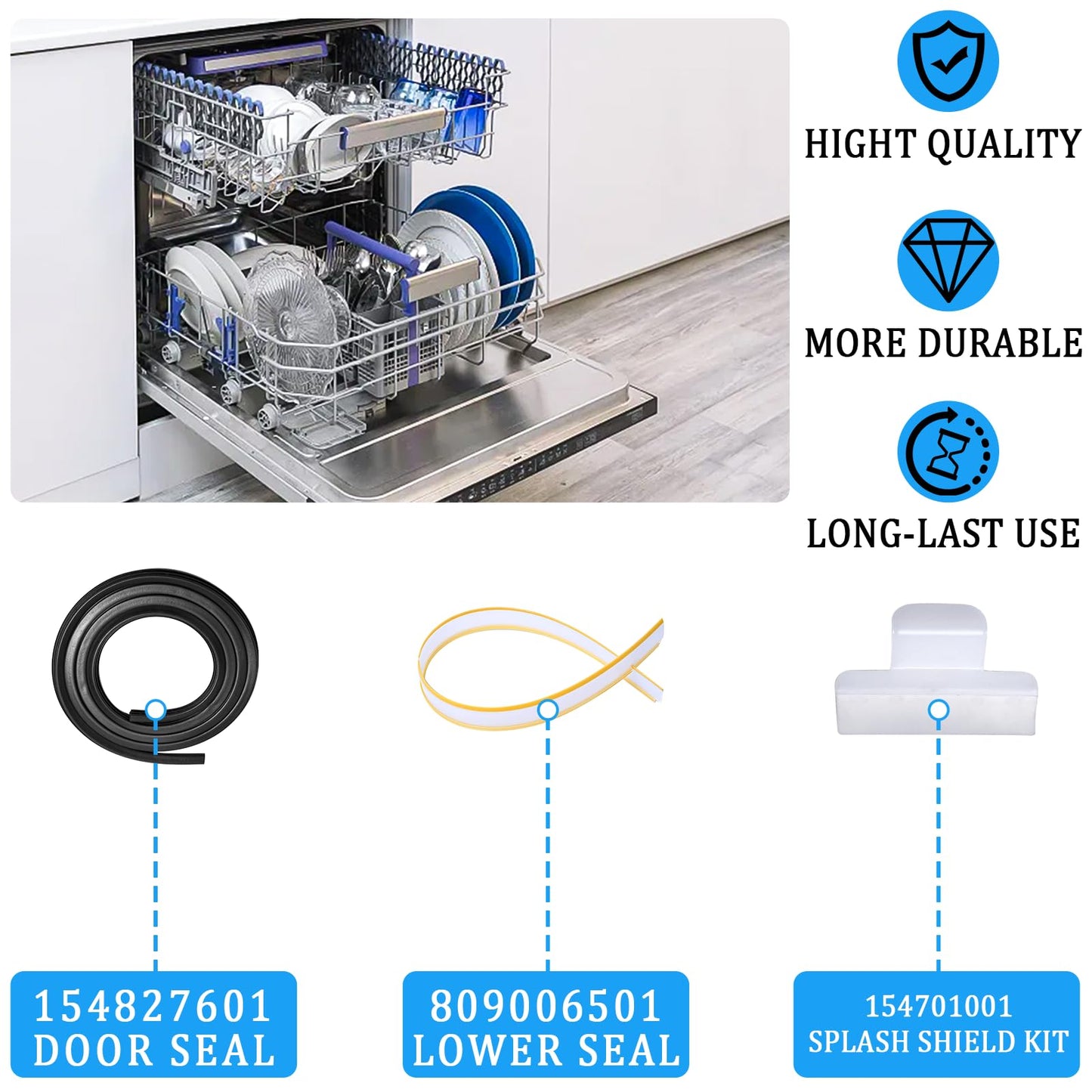154827601 Dishwasher Door Seal, 809006501 Lower Seal and 154701001 Splash Shield Kit - Dishwasher Bottom Door Gasket Kit Compatible with Frigidaire Kenmore