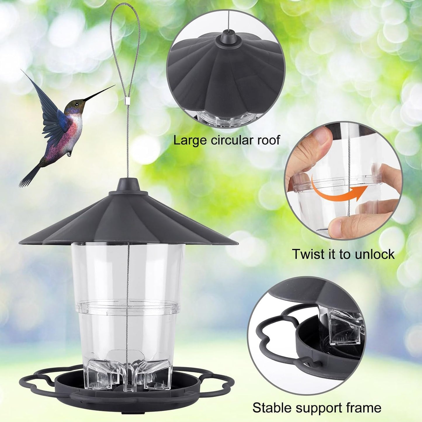 Bird Feeders for Outdoors, Hanging Bird Feeder, Transparent Feeding Station for All Year Rooms, Grey