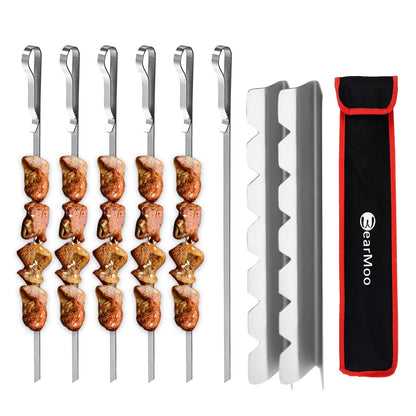 Barbecue Skewer, BearMoo 17” Stainless Steel Shish Kabob Skewers – 0.35” Width Flat BBQ Metal Skewers for Grilling (Set of 6 Skewers + 2 Grill Racks + 1 Handy Storage)