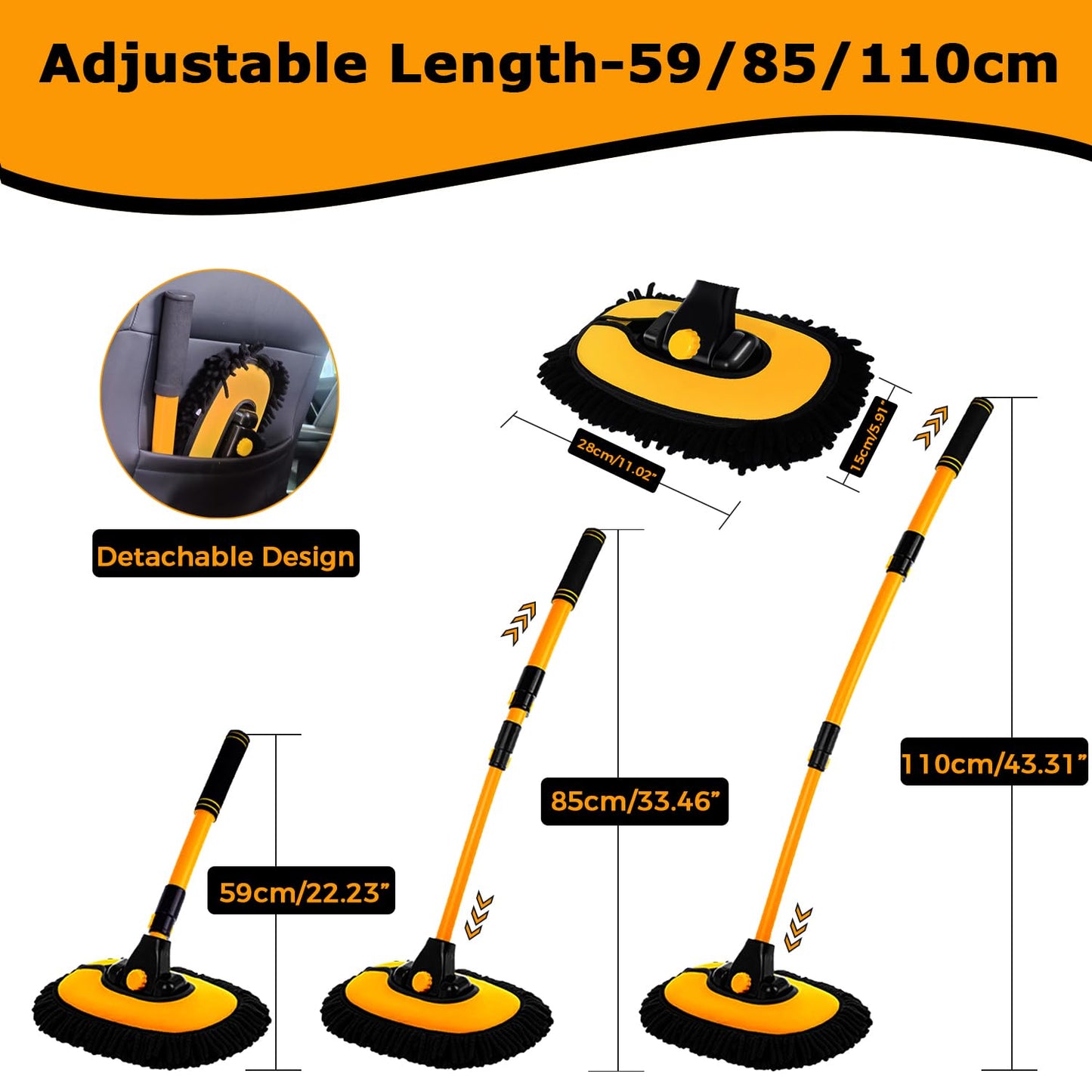 15° Arch Car Wash Brush with Long Handle 43" Telescopic Truck Camper Cleaning Mop RV Automotive Wheel Boat Windshield Exterior Interior 2 in 1 Microfiber Carwash Duster Not Hurt Paint Scratch Free