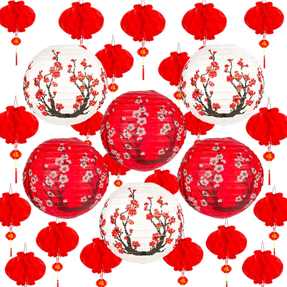 26Pack Chinese Japanese Paper Lanterns Red Cherry Blossom Hanging Paper Lantern Decoration, 30cm 20cm Hanging Lanterns for Asian Birthday Hibachi Wedding Baby Shower Party Lunar New Year Decor