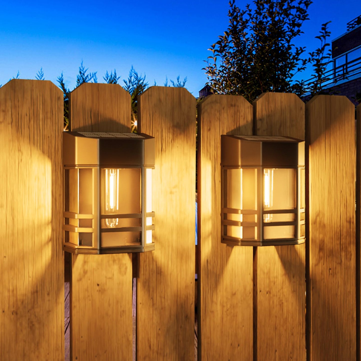 Woolmug Solar Fence Lights Outdoor, 2 Pack Retro Solar Deck Lights Outdoor Waterproof with Edison LED Bulbs, Solar Powered Wall Lights for Garden Fence Backyard Decor Post Patio (Warm White)