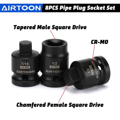 AIRTOON 1/2" Drive Pipe Plug Socket Set, 8-Piece, SAE, CR-MO, 7/16" - 5/8", Tapered Male Square Drive, Chamfered Female Square Drive
