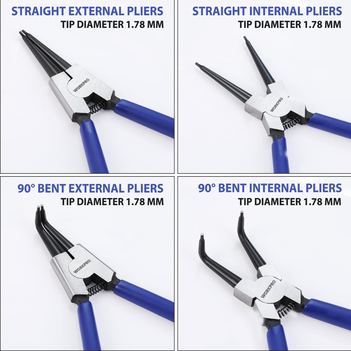 WORKPRO 4-Piece Snap Ring Pliers Set, 7-Inch Internal and External Circlip Pliers Kit with Straight and Bent Jaw, for Ring Remover Retaining, Storage Pouch Included