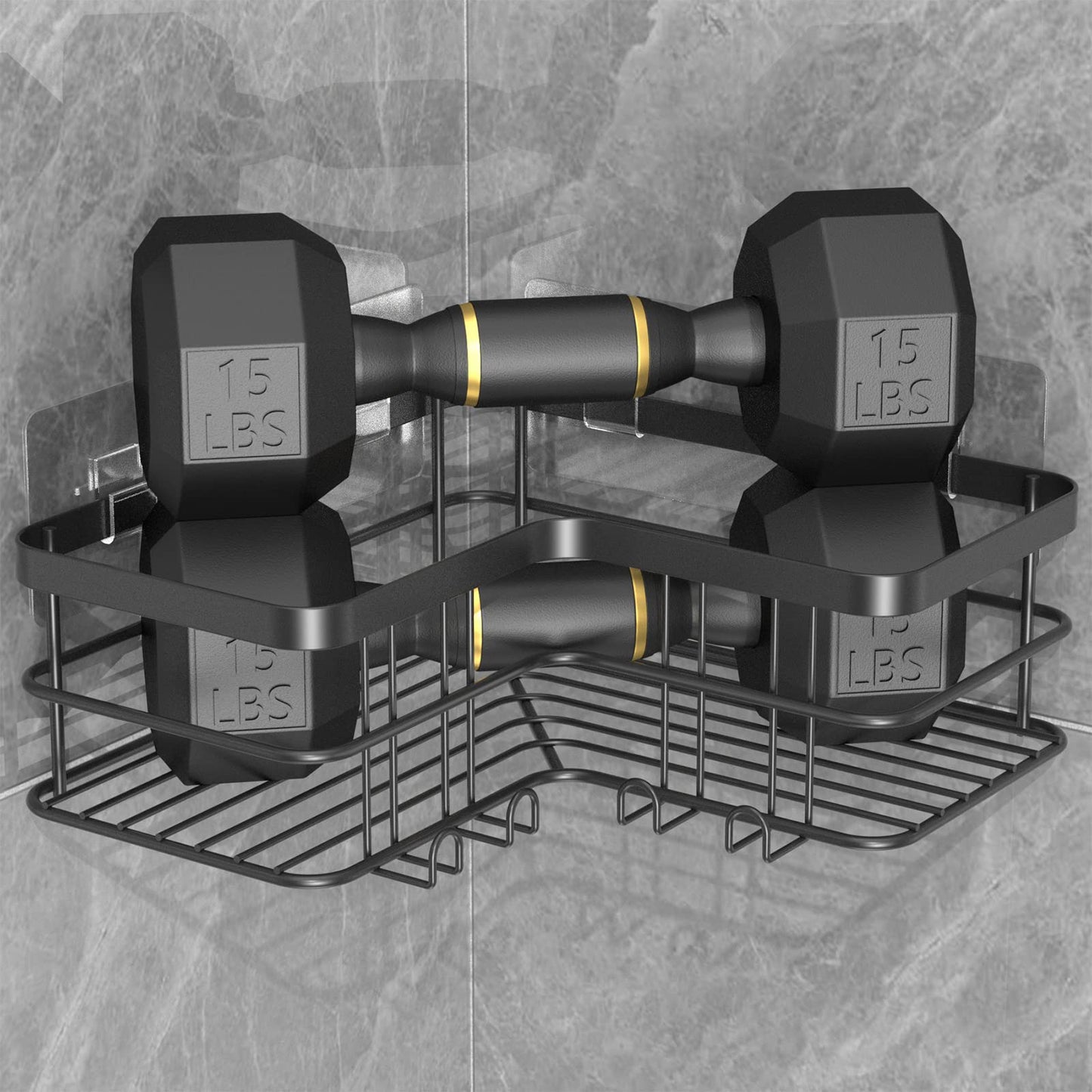 Yazoni Corner Shower Caddy, Adhesive Shower Shelves No Drilling [2-Pack], Rustproof Stainless Steel Bathroom Shower Organizer Wall Mounted with 8 Hooks (Black)