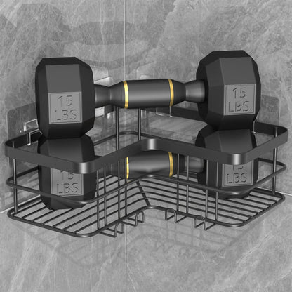 Yazoni Corner Shower Caddy, Adhesive Shower Shelves No Drilling [2-Pack], Rustproof Stainless Steel Bathroom Shower Organizer Wall Mounted with 8 Hooks (Black)