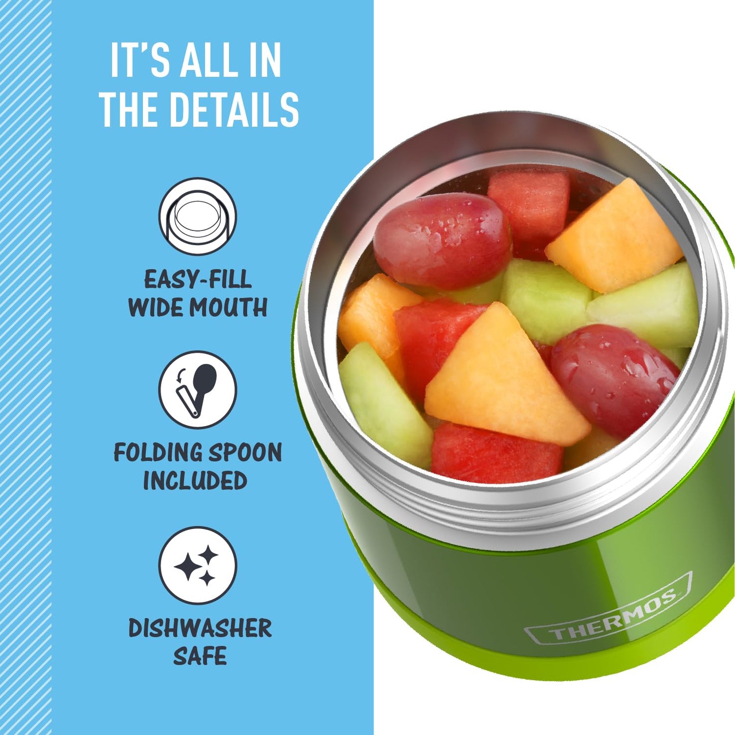 THERMOS FUNTAINER 10 Ounce Stainless Steel Vacuum Insulated Kids Food Jar with Folding Spoon, Lime