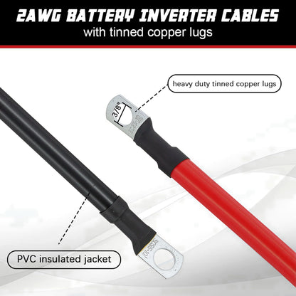 A ABIGAIL 2 AWG Battery Cable 2AWG Gauge Pure Copper Battery Cables with 3/8 in Lugs Both Ends Power Wire Set for Automotive Solar Marine Boat RV Car Motorcycle Red and Black (1FT)