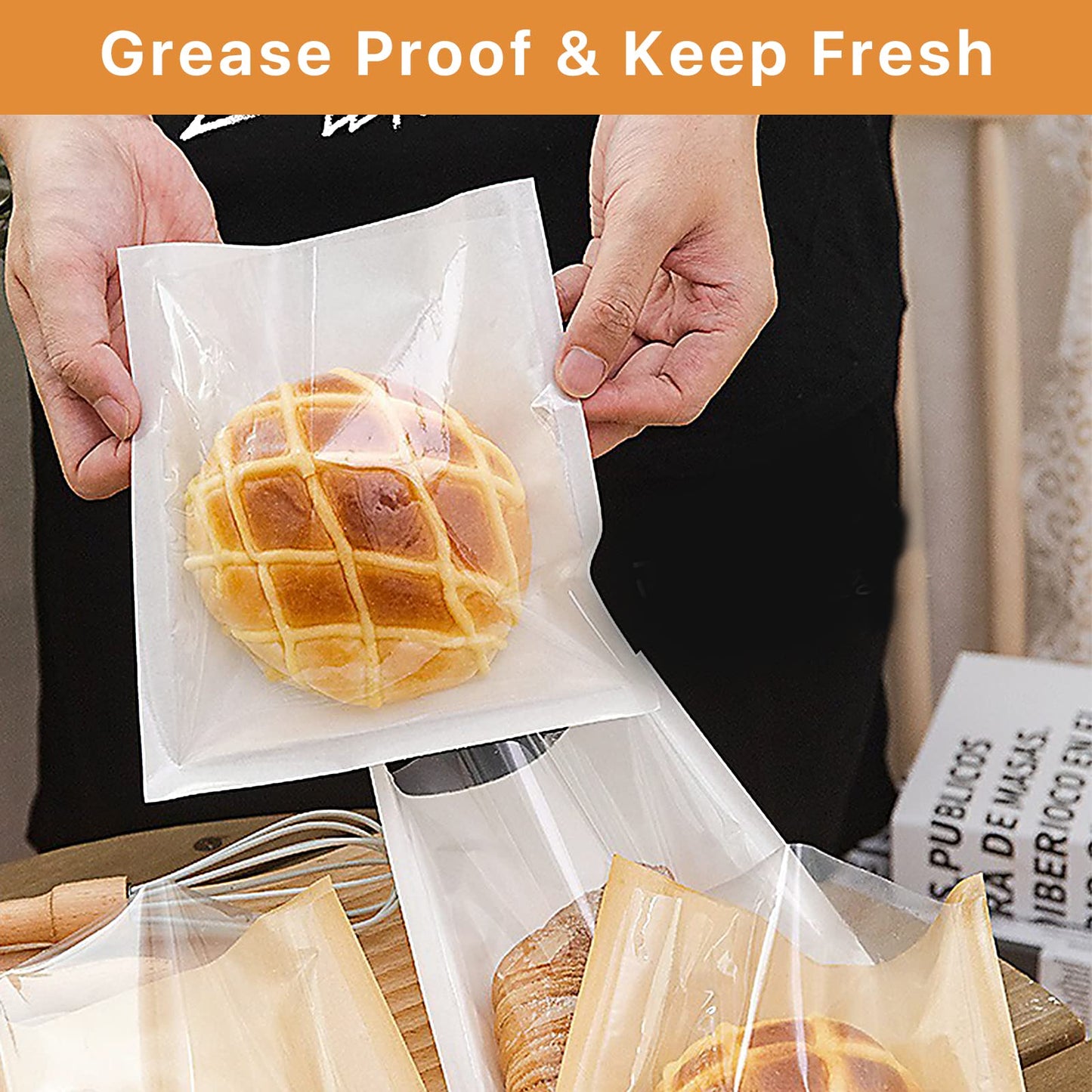 300 PCS Bakery Bags with Window, Akamino Heat-Sealable Kraft Paper Pastry Bags for Cookies and Pastries, 7.5 x 7.1 Inches Grease Resistant Food Bags for Sandwich, Candy, Snack