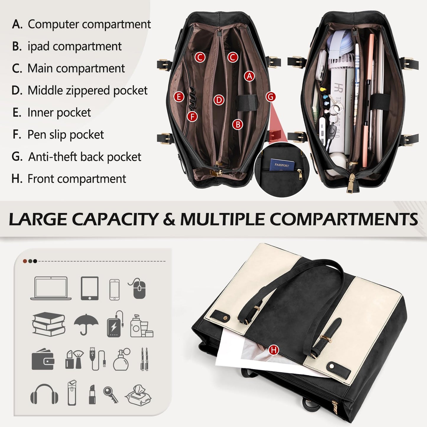 RAINSMORE Laptop Bags for Women 15.6 Inch Leather Work Tote Bags Womens Laptop Purse Waterproof Professional Laptop Briefcase for Office Computer Bag Women Travel Handbag Shoulder Bag