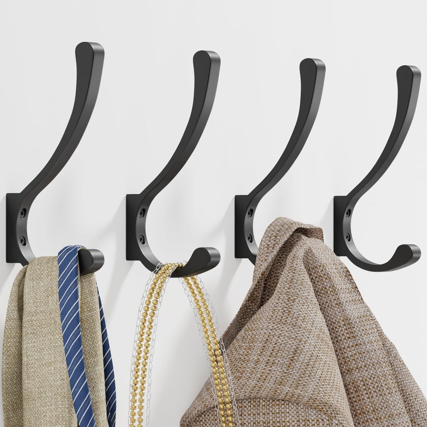 8-Pack Heavy Duty Wall Hooks - Black Coat Hanger Hooks, Screw In, Metal, For Hanging Coats, Backpacks, Purses