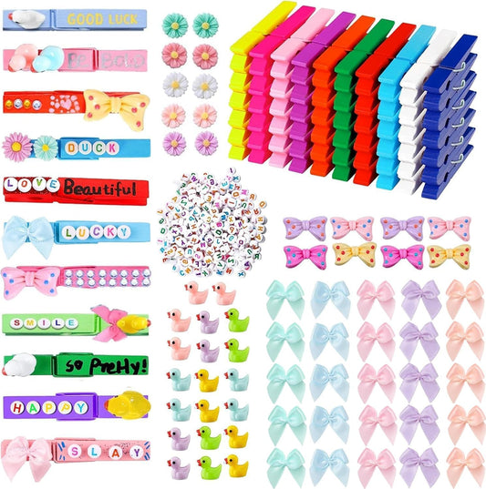50 Set Cheer Pins Spirit Clips, Included 50Pcs Colored Clothes Pins and Min Resin Ducks and Mini Flowers for Backpacks Ribbon Team Classroom, Cheer Accessories Cheer Gifts for Team Girls