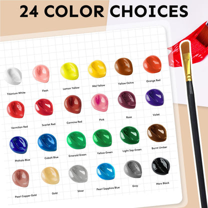 Acrylic Paint Set with 12 Art Brushes, 24 Colors (2 oz/Bottle) Acrylic Paint for Painting Canvas, Wood, Ceramic and Fabric, Paint Set for Beginners, Students and Professional Artist, Rich Pigments
