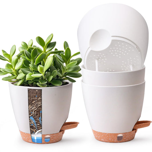 T4U Self Watering Pots 6 Inch 4 Pack, Plastic Planters with Water Level Window and Wick Rope for Busy People, Bottom Watering Pot for African Violets, Herbs and Pothos, Indoor Home Decor(White)