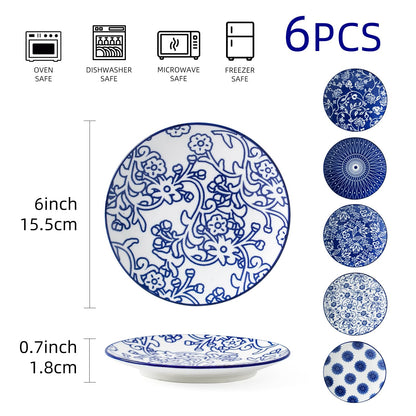 Cerkik Ceramic Dessert Plates Set - 6 Inch Mini Appetizer Plates for Kitchen - Small Salad Plate for Cake Snacks Side Dish, Microwave Dishwasher Safe, Gift, Vintage Blue