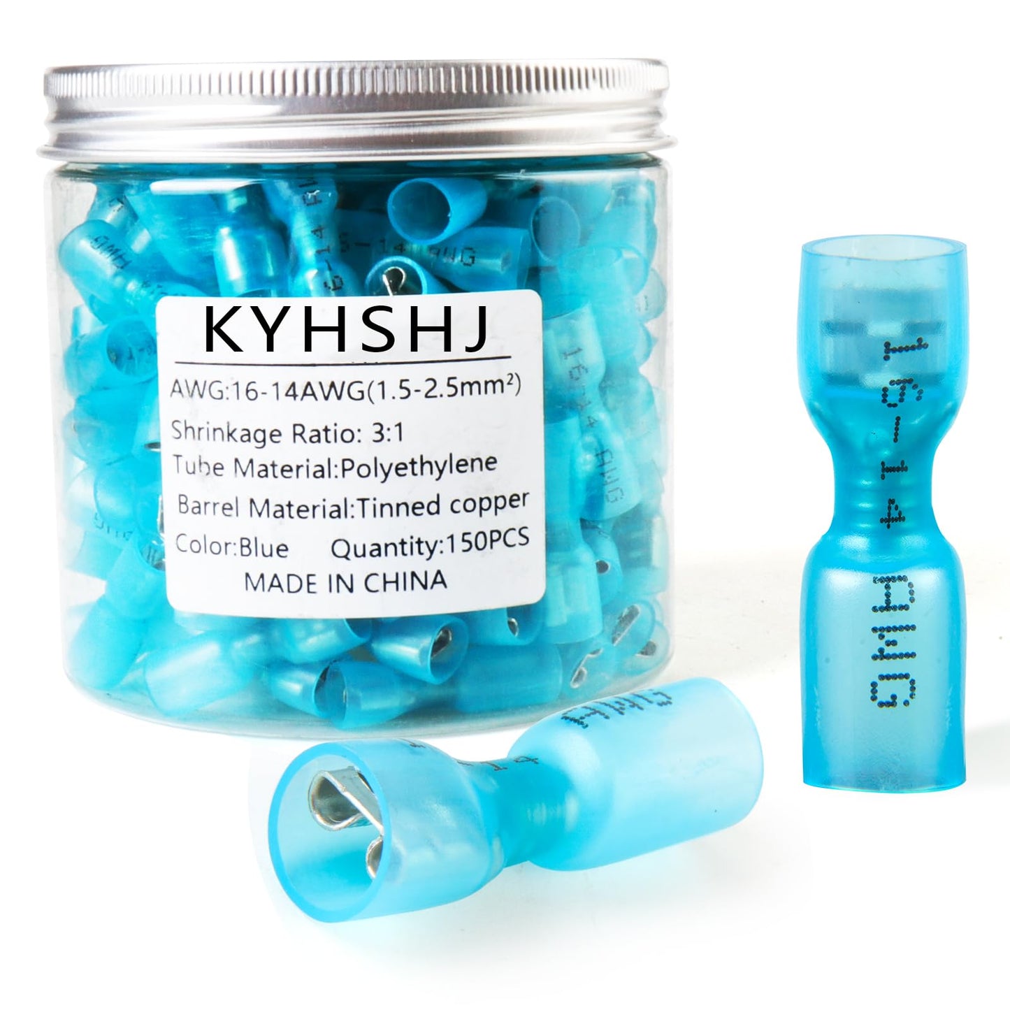 KYHSHJ Female Spade Connectors - Heat Shrink Spade Connector Kit - Quick Disconnect Wire Connectors - Electrical Spade Terminals - Blue 16-14AWG 150 PCS