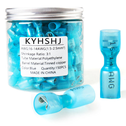 KYHSHJ Female Spade Connectors - Heat Shrink Spade Connector Kit - Quick Disconnect Wire Connectors - Electrical Spade Terminals - Blue 16-14AWG 150 PCS