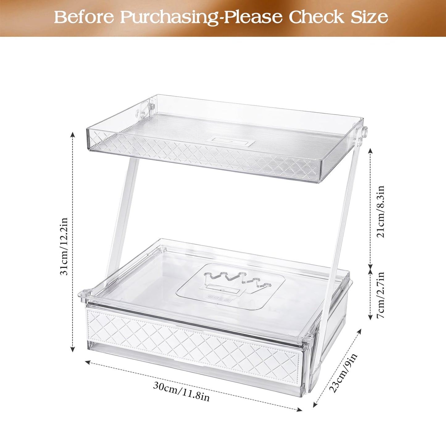 2-Tier Bathroom Countertop Organizer – Acrylic Makeup, Perfume & Skincare Organizer with Sliding Tray & Drawer – Z-Shaped Vanity Organizer for Bathroom, Dresser or Desk