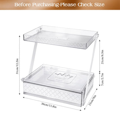 2-Tier Bathroom Countertop Organizer – Acrylic Makeup, Perfume & Skincare Organizer with Sliding Tray & Drawer – Z-Shaped Vanity Organizer for Bathroom, Dresser or Desk
