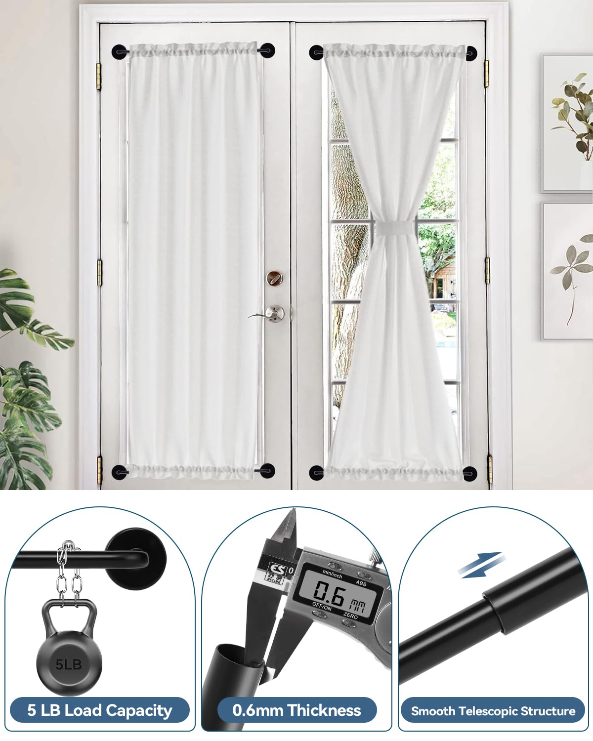 Ruiony Magnetic Curtain Rod for Metal Doors, French Door Curtain Rods Adjustable from 17 to 30 Inch, 3/8 Inch Diameter, Magnet Cafe Rod for Any Metel Surface, No Tool and Easy Install, Black, 2 Pack