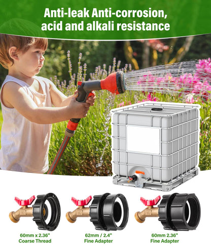 WADEO IBC Tote Adapter, IBC Tote Fittings 1/2" Male NPT Inlet 3/4" GHT Male Garden Hose Quick Connector Outlet Brass Ball Valve Faucet with 60 62mm Female Fine Thread with for Garden Hose Connector