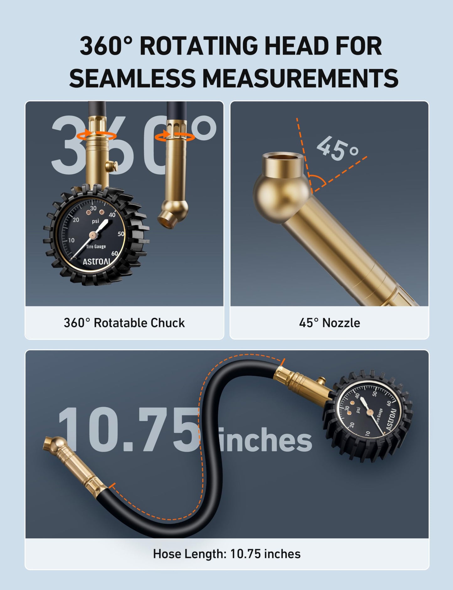 AstroAI Heavy Duty Tire Pressure Gauge 60 PSI with Large 2" Easy Read Glow Dial, Durable Rubber Hose and Solid Brass Construction, Professional Mechanical Tire Gauge for Motorcycles, Cars, Bicycle