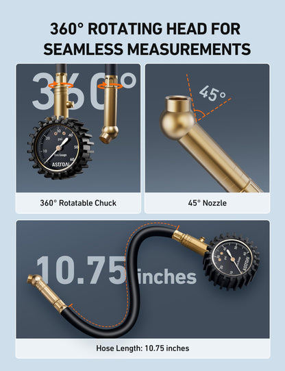 AstroAI Heavy Duty Tire Pressure Gauge 60 PSI with Large 2" Easy Read Glow Dial, Durable Rubber Hose and Solid Brass Construction, Professional Mechanical Tire Gauge for Motorcycles, Cars, Bicycle