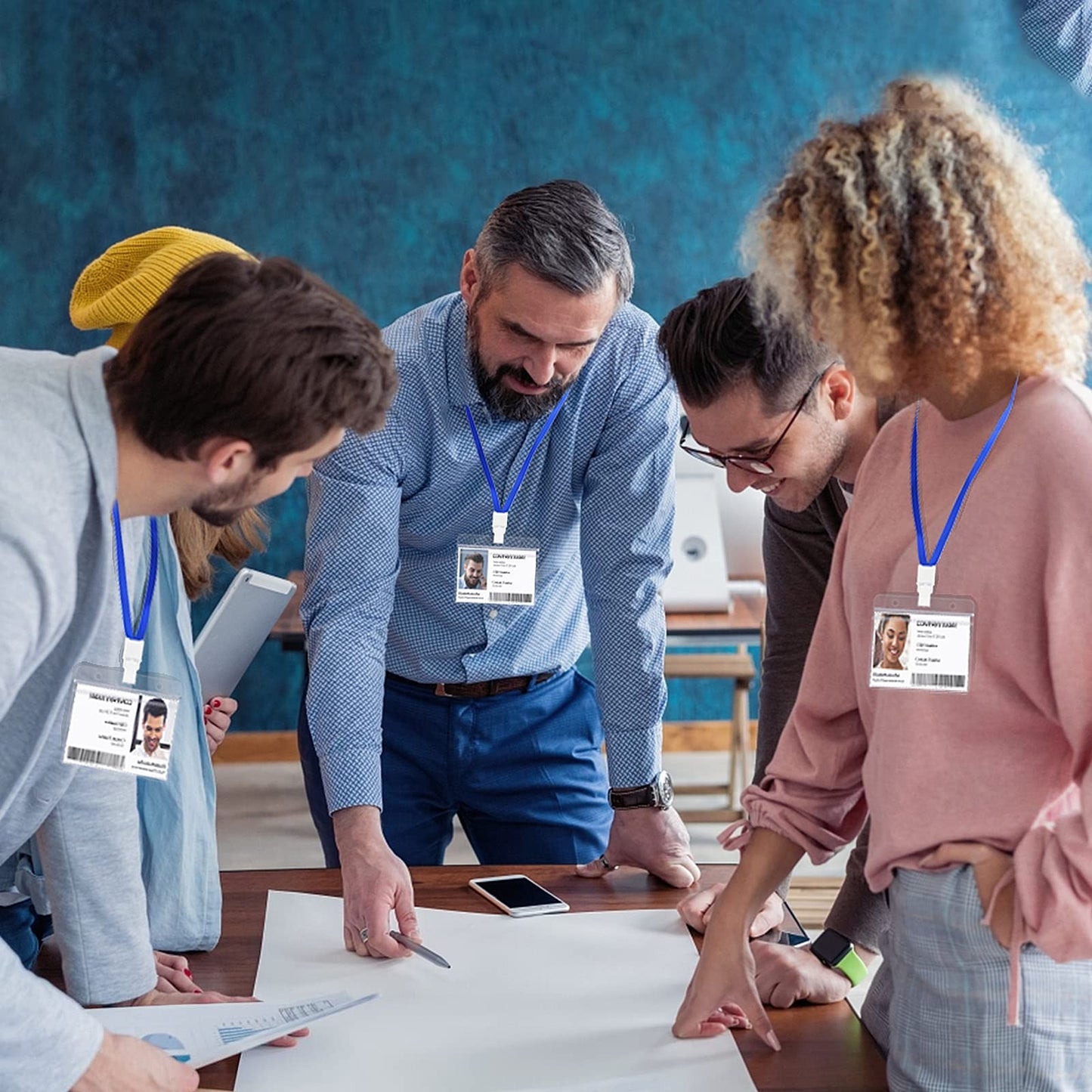 FZENeast Badge Holder with Lanyard，50 PCS Clear Waterproof Horizontal id Holder with 50 PCS Flat Neck Blue Badge Lanyards for Business Office School