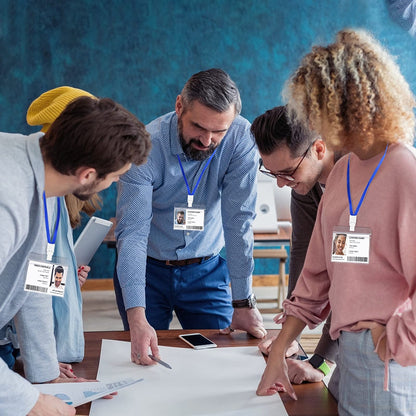 FZENeast Badge Holder with Lanyard，50 PCS Clear Waterproof Horizontal id Holder with 50 PCS Flat Neck Blue Badge Lanyards for Business Office School