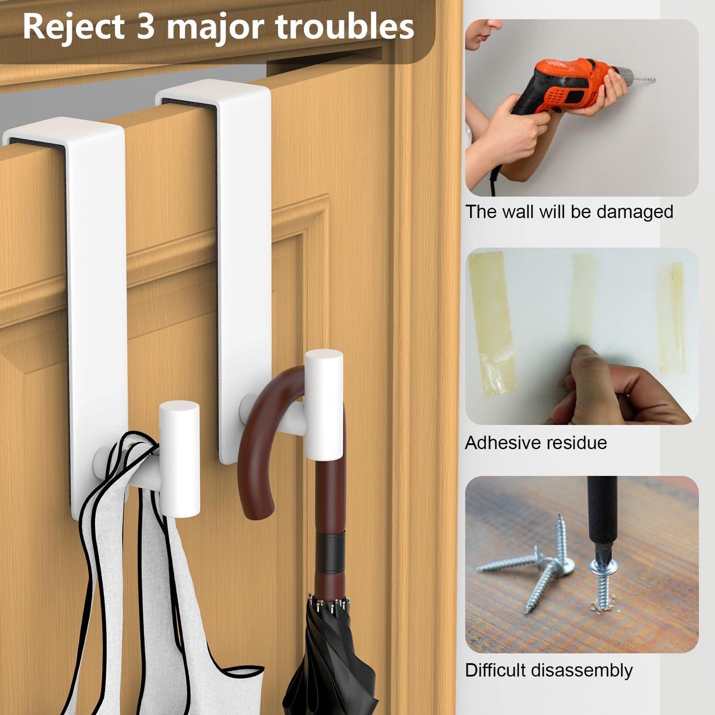 PMMASTO Over The Door Hooks 2-Pack, Rustproof Stainless Steel Door Hanger with Non-Slip Pads for Towels Coats Wreath Bathroom Kitchen Entryway Office (White, Fits 1-3/4" Thick Door-T Shape)